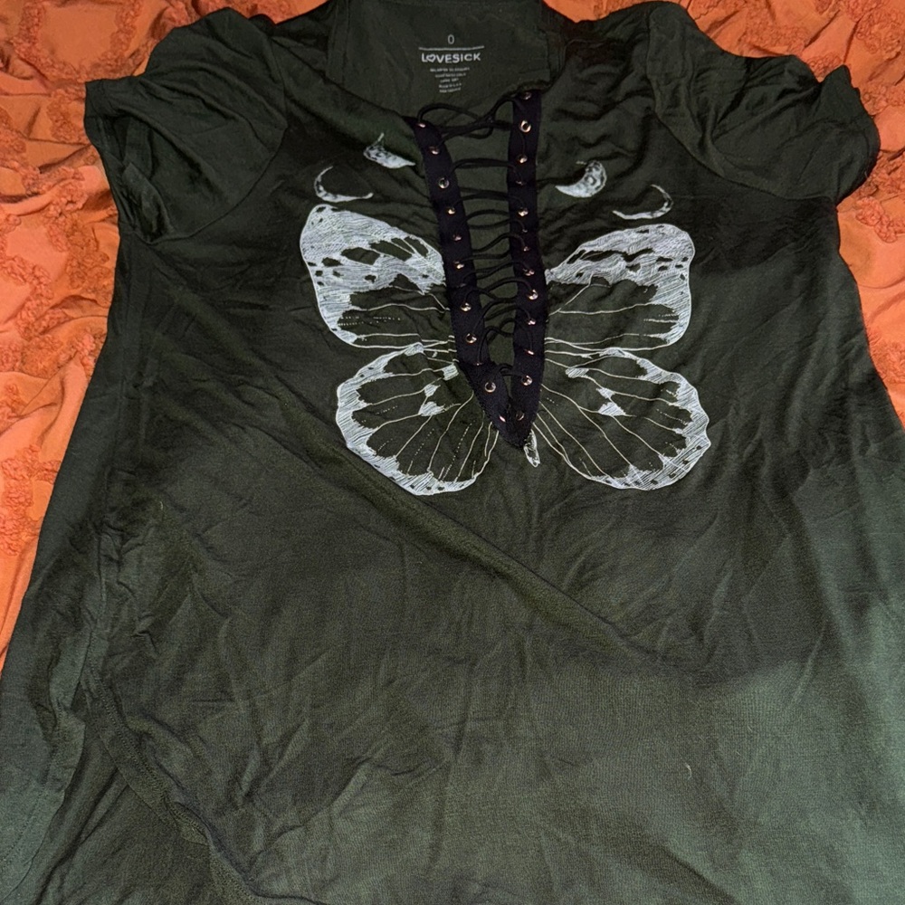 Lovesick Women's Olive Butterfly Lace-Up Tee